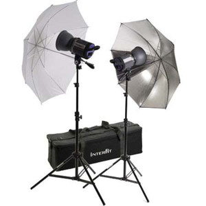  Interfit Photographic INT459 Stellar XD Twin Umbrella Kit, with Two 600 Watt Second Monolights, Umbrellas, Lightstands & Case 
