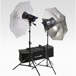  Interfit Photographic INT186 Stellar X 500 Watt Tungsten Photo Flood Twin Head Kit, with 2 Umbrellas, Stands & Lamps, 3200k Color Temperature 