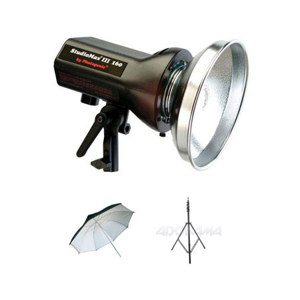  Photogenic StudioMax III AC Operated 160ws Constant Color Monolight, (AKC160) - Bundle - with Flashpoint Pro 9.5' Air Cushioned Black Lightstand, Flashpoint 33" White Interior Umbrella 
