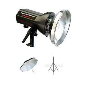  Photogenic AKC160R StudioMax III AC Operated 160ws Constant Color Monolight with Built-In Radio Trigger - Bundle - with Flashpoint Pro 9.5' Air Cushioned Black Lightstand, Flashpoint 33" White Interior Umbrella 