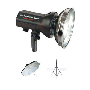 Photogenic StudioMax III AC/DC Operated 320ws Constant Color Monolight, with Reflector & Flashtube. (AKC320B) - Bundle - with Flashpoint Pro 9.5' Air Cushioned Black Lightstand, Flashpoint 33" White Interior Umbrella