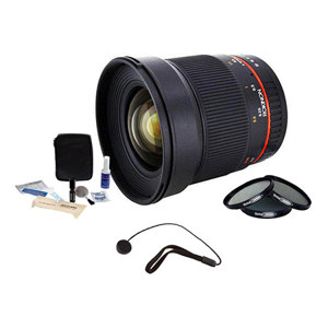 Rokinon 16mm F/2.0 ED AS UMC CS Lens for Sony Alpha APS-C Mount Cameras - Bundlewith Pro Optic 77mm Digital Essentials Filter Kit, Flashpoint CapKeeper CK2 Lens Cap Leash, and Adorama 1836A Cleaning Kit for Optics and Cameras