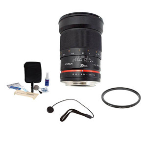  Rokinon 35mm f/1.4 Manual Focus Lens for Canon DSLR Cameras - Bundle - with Pro Optic Pro Digital 77mm Multi Coated UV Filter, Flashpoint CapKeeper #CK2 Lens Cap Leash and Adorama 1836A Cleaning Kit for Optics and Cameras 