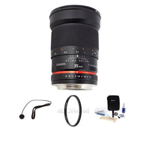  Rokinon 35mm f/1.4 Manual Focus Lens for Samsung NX Camera - Bundle - with Pro Optic Pro Digital 77mm Multi Coated UV Filter, Flashpoint CapKeeper #CK2 Lens Cap Leash and Adorama 1836A Cleaning Kit for Optics and Cameras 