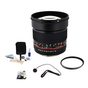 Rokinon 85mm f/1.4 Aspherical Lens for Nikon DSLR Cameras with Focus Confirm Chip - Bundle With New Leaf 3 Year (Drops & Spills) Warranty, Pro-optic 72mm MC UV Filter, Cleaning Kit, Capleash II