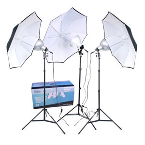  RPS Studio 3-Umbrella Tungsten Lighting Kit, Includes 8" Focusing Reflectors, 7 Feet Light Stands, 36" White Umbrellas 