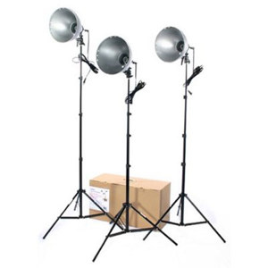  RPS Studio 1500 Watt 3 Light Photo Flood Kit with 3 500-Watt, 10" Aluminum Reflectors with Ceramic Sockets & 3 Black Light Stands & Travel Box. 