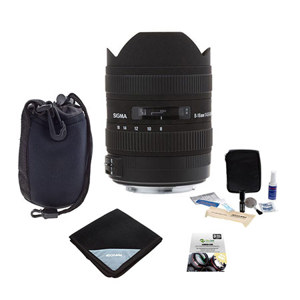  Sigma 8-16mm f/4.5-5.6 DC HSM AutoFocus Wide Angle Zoom Lens for Canon EOS Digital SLR Cameras - USA Warranty - Bundle With New Leaf 3 Year (Drops & Spills) Warranty, Pro Optic Lens Wrap 19x19" Black, Cleaning Kit, Slinger Neoprene Lens Pouch - Medium 