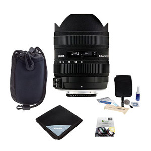  Sigma 8-16mm f/4.5-5.6 DC HSM AutoFocus Wide Angle Zoom Lens for Nikon Digital SLR Cameras - USA Warranty - Bundle With New Leaf 3 Year (Drops & Spills) Warranty, Pro Optic Lens Wrap 19x19" Black, Cleaning Kit, Slinger Neoprene Lens Pouch - Medium 