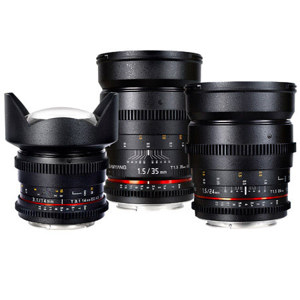  Samyang Nikon F-Mount Three Cine Lens Bundle with 14mm T3.1 Cine Lens, 24mm T1.5 Cine Lens, and 35mm T1.5 Cine Lens - For Video DSLR Cameras 