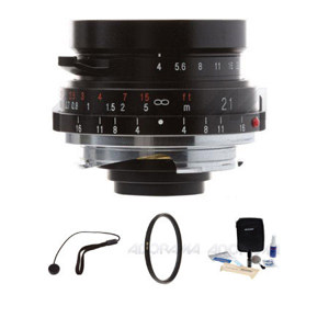  Voigtlander Color-Skopar 21mm f/4.0 Pancake Lens with Leica M Mount - Black - Bundle - with B + W 39mm UV (Ultra Violet) Haze Glass Filter, Lens Cap Leash, Professional Lens Cleaning Kit 