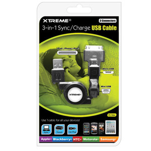 Xtreme Cables 3-in-1 3' Retractable Sync & Charge USB Cable 88903