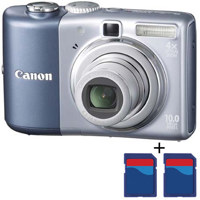 Canon Powershot A1000 IS 10MP Digital Camera, 4x Optical Zoom Lens, 2.5" LCD with Optical Image Stabilizer - Blue with two FREE Sandisk 1GB Ultra II SD Memory Cards