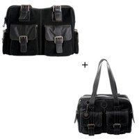 Jill.e Combo Weatherproof Large Black Rolling Camera Bag, (Leather & Black Suede) and Weatherproof Medium Black Leather Camera Bag (Cream Piping Trim Exterior)