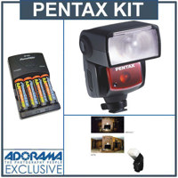 Pentax AF-360FGZ Dedicated Shoe Mount Zoom Flash - Basic Outfit - with 4 NiMH Batteries, Charger, Sto-Fen Omni-Bounce
