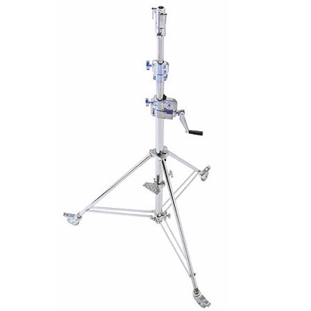 Avenger Heavy Duty 12' High Wind-Up Geared Lightstand with Braked Hard Wheels, Chrome Steel Base. image