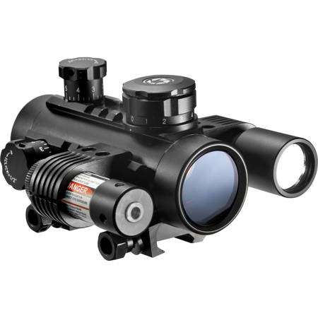 Barska 1 x 30mm IR Electro Sight Series Riflescope, Matte Black Finish with Illuminated Red Cross Reticle, Flash Light &amp; Red Laser image