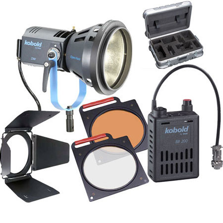 Bron Kobold DW 200 Open Face DC Flight Kit, with 200 watt HMI Head, Ballast, Lamp, Open Face Reflector, Filters & Case