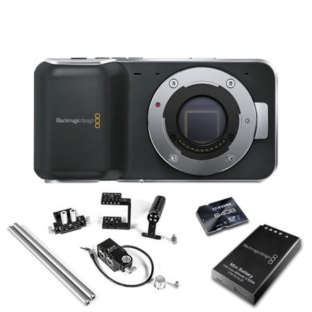 Blackmagic Design Pocket Cinema Camera Body with Micro Four Thirds Lens Mount - BUNDLE - with 2x Blackmagic Batteries, 64GB SDXC Pro UHS-1 Class 10 Memory Card, and Wooden Camera Fixed Kit