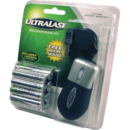 UltraLast 4-AA &amp; 4-AAA NiMh Batteries with Bonus Free Micro Travel Optical Mouse image