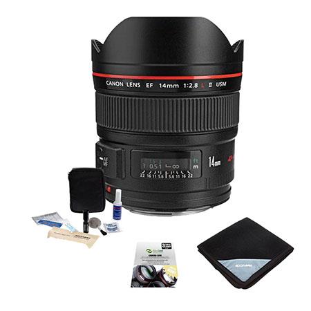 Canon EF 14mm f/2.8L II USM Wide Angle Lens - U.S.A. Warranty - Bundle With Pro-Optic Lens Wrap 15X15 Black, 2 Year Extended (Drop and Spills) Warranty, cleaning Kit, Lenspen