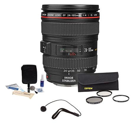 Canon EF 24-105mm f/4L IS USM AF Wide Angle Telephoto Zoom Lens kit, U.S.A. Warranty with Tiffen 77mm Wide Angle Filter Kit, Lens Cap Leash, Professional Lens Cleaning Kit,