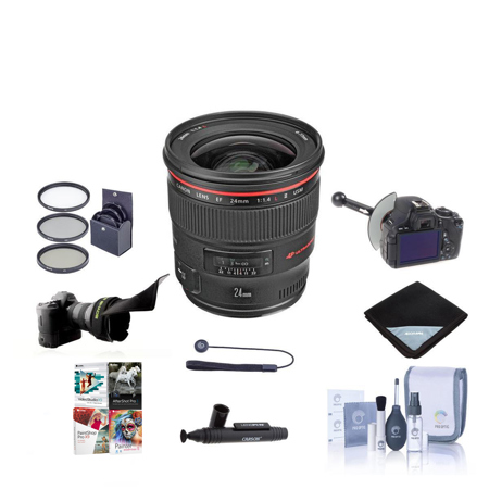 Canon EF 24mm f/1.4L II USM AutoFocus Wide Angle Lens Kit - USA - Bundle With 77MM Dig. Essentials Filter Kit, New Leaf 3 Year Extended (Spill & Drops) Warranty, Pro -Optic Lens Wrap 15X15 Black, Pro Cleaning KIt, Lenspen Cleaner, CapKeeper 2 Lens Cap Lea