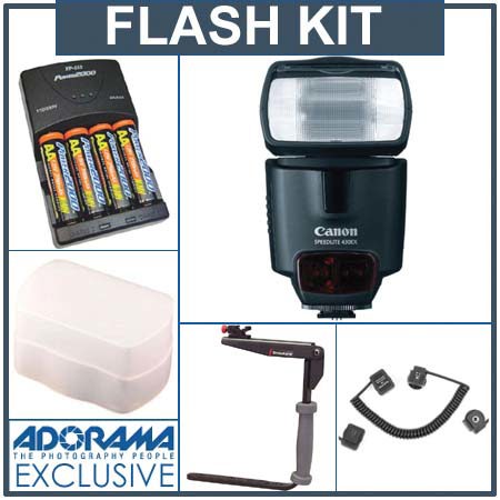 Canon Speedlite 430EX - Deluxe Outfit with 4 NiMH Batteries, Charger, Flashpoint Flash Diffuser, Stroboframe Quick Flip 350 Flash Bracket, &amp; Off-Camera eTTL2 3' Coiled Cord for Canon EOS image