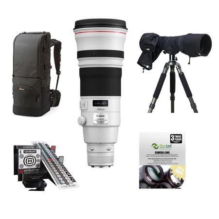 Canon EF 500mm f/4L IS II USM Image Stabilizer Telephoto Lens - U.S.A. Warranty - Bundle With Lowepro Lens Trekker 600 AW II Backpack Black, New Leaf 3 Year (Drops & Spills) Warranty, LensAlign MkII Focus Calibration System, ERC-E4L Raincover for EOS Came