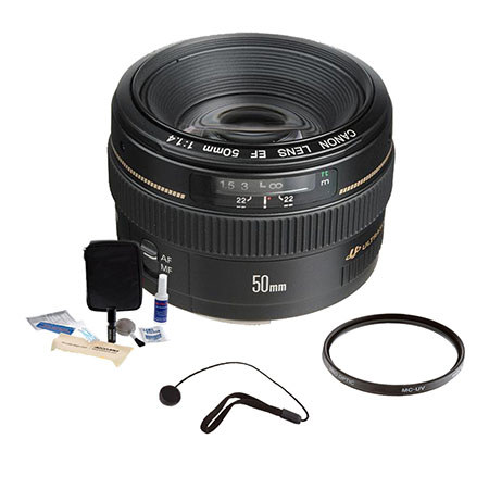 Canon EF 50mm f/1.4 USM Standard AutoFocus Lens Kit, USA with Pro Optic 58mm MC UV Filter, Lens Cap Leash, Professional Lens Cleaning Kit