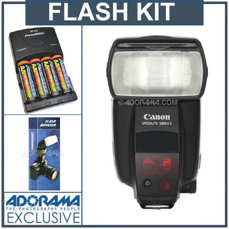 Canon Speedlite 580EX II, Shoe Mount Flash - Basic Outfit with 4 NiMH Batteries, Charger, Flashpoint Flash Diffuser image