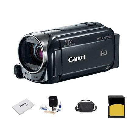 Canon VIXIA HF R500 1080p Full HD Camcorder Black, - Bundle With LowePro Carrying Case, 16GB Cl10 SDHC Memory Card, Cleaning Kit, SD Card Reader