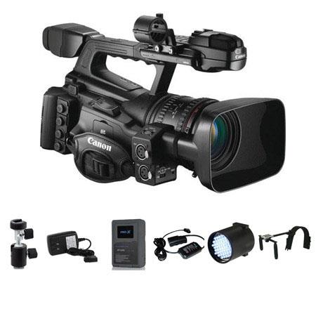 Canon XF-305 High Definition Pro Camcorder - Deluxe Bundle - Switronix Shoulder Mount, Switronix XP-L90S V Mount Brick Battery, Switronix Power Tap Charger, Switronix TL-50 Dimmable On Camera LED Light, Light Stand Adapter, 20