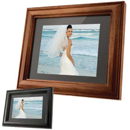 Coby DP-768 7" Widescreen Digital Photo Frame with MP3 Player &amp; Black, Brown Interchangeable Wooden Frames, 16:9 Aspect Ratio image