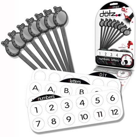 Dotz Cord Straps, Smoke: includes; 6 Reusable cordstraps, 20 Punch-out icon tabs, 10 DIY punch-out icon tabs