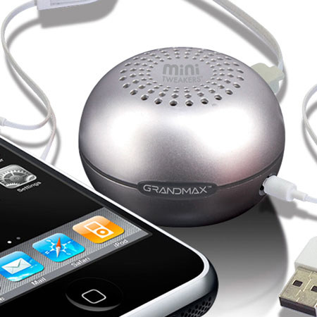Grandmax Mini Tweakers Portable Palm-Size Speakers for iPod / Mp3 Players and Laptops, 5V DC Charge Voltage, 100Hz - 20KHz Frequency Range, Silver