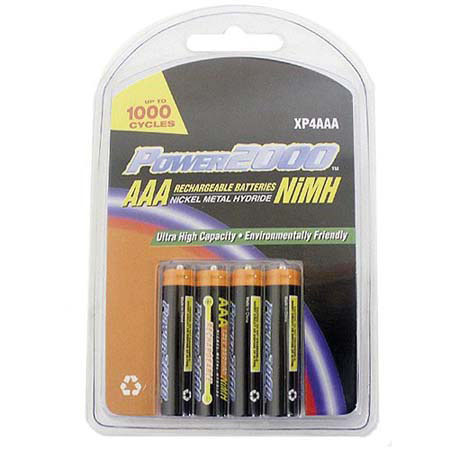 Power2000 AAA Rechargeable Batteries, 1.2 volt Nickel Metal Hydride (NiMH), 1000mAh, Pack of Four. image
