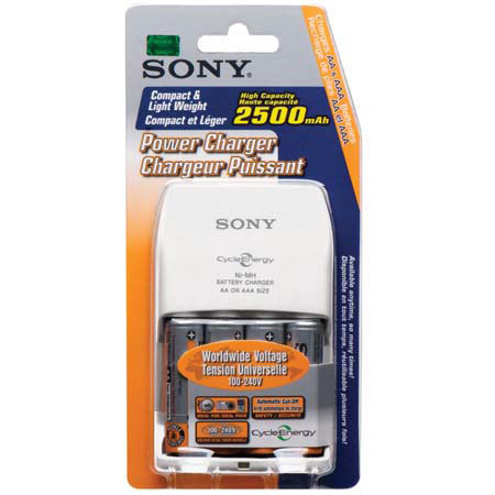 Sony Multi-volt AA/AAA Power Charger (100-240v) with 4-2500 mAh Nickel Metal Hydride (NiMH) AA Rechargeable Batteries image