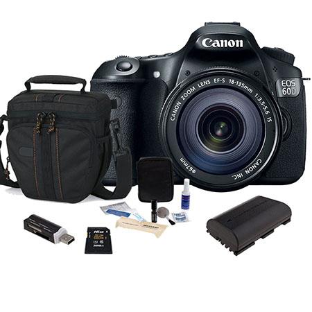 Canon EOS 60D DSLR Camera / Lens Kit, Black with EFS 18-135mm IS Lens - U.S.A. Warranty - 16GB SDHC Memory Cards, Camera Bag, Spare LP E6 Battery. USB 2.0 SD Card Reader, Cleaning Kit