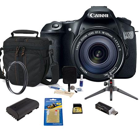 Canon EOS 60D DSLR Camera / Lens Kit, Black with EFS 18-135mm IS Lens - U.S.A. Warranty - 32GB SDHC Memory Card, Camera Bag, Spare LP E6 Battery. SD Card Reader, Cleaning Kit, Aluminum Table Top Tripod, Screen Protector - 67mm UV Filter,