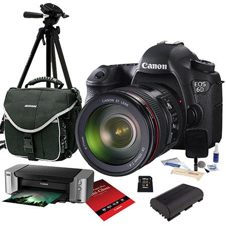 Canon EOS-6D Digital SLR Camera Kit with EF 24-105mm f/4L IS USM Lens - Bundle With PIXMA PRO-100 Pro Photo Inkjet Printer, 13x19 semi Gloss IJ Paper, 16GB Class 10 SDHC Card, Slinger Camera Bag, Spare LP-E6 Battery, Sunpack Tripod