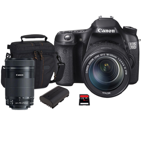 Canon EOS 70D Digital SLR Camera with EF-S 18-135mm F3.5-5.6 IS STM Lens, Black , USA - Bundle - with Canon EF-S 55-250mm f/4-5.6 IS STM Lens