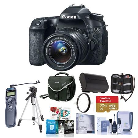 Canon EOS 70D Digital SLR Camera with EF-S 18-55mm F3.5-5.6 IS STM Lens - BUNDLE - with 32GB SDHC Card, Camera Case, New Leaf 3 Year Extended Warranty, Spare Li-Ion Battery, RC-6 Wireless Remote, 5-Section Monopod, LCD Screen Protector