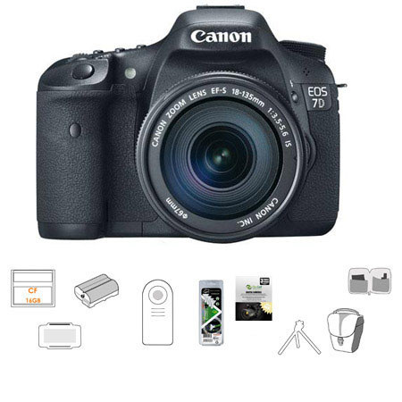 Canon EOS-7D Digital SLR Camera / Lens Kit, with Canon EF-S 18-135mm f/3.5-5.6 IS Auto Focus Lens, 2 4GB CF Memory Cards (total of 8GB), Spare Canon LP-E6 Batte