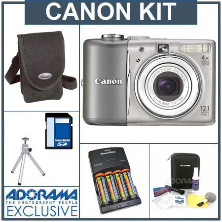 Canon Powershot A1100 IS Digital Camera Kit, Gray with 4 GB SD Memory Card, Camera Bag, Table Top Tripod, 4 AA Nickel Metal Hydride (Ni MH) 2900 mAH Rechargeable Batteries with 4-Hour AA &amp; AAA Quick Charger, 110/220 volt. Professional Lens Cleaning Kit image