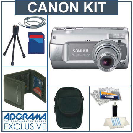 Canon Powershot A470 Digital Gray Camera Kit, with 1 GB SD Memory Card, Deluxe Carry Case, Mini Table Top Tripod, Neck Strap, Memory Card Wallet, Screen Protecters for LCD Screen, Cleaning Fluid with Cloth image