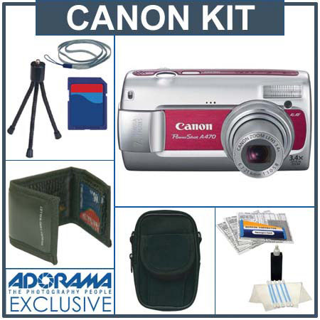 Canon Powershot A470 Digital Red Camera Kit, with 2 GB SD Memory Card, Deluxe Carry Case, Mini Table Top Tripod, Neck Strap, Memory Card Wallet, Screen Protecters for LCD Screen, Cleaning Fluid with Cloth image