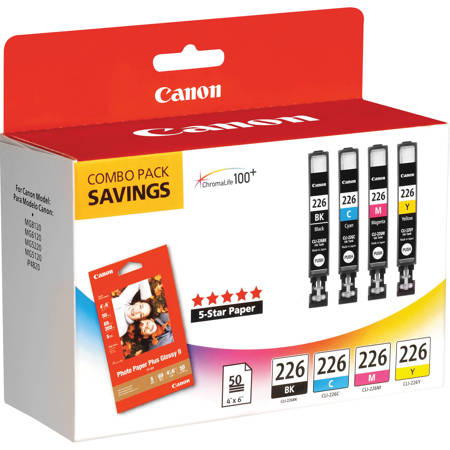 Canon CLI226 Inkjet Colorpack (Black, Cyan, Magenta, Yellow) with PP201 Photo Paper Plus Glossy II 4x6