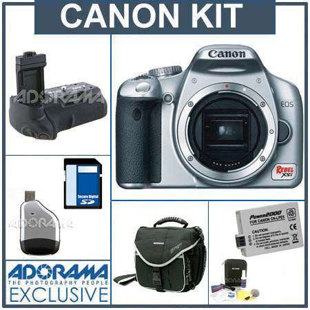 Canon Digital Rebel XSi SLR Camera Kit, Silver with 8 GB SD Memory Card, Pro Verical Grip / Battrey Holde, Spare LP-E5 Lithium-Ion Rechargeable Battery, Slinger System Bag, USB 2.0 SD Card Reader, Professional Lens Cleaning Kit image