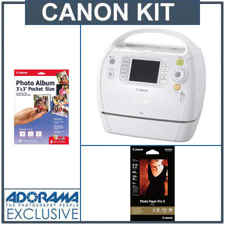 Canon Selphy ES30 Compact Photo Color Printer, 4" x 6", for Mac &amp; Windows Bundled with - Canon Pro II Super High Gloss Photo Inkjet Paper, 9.6 mil., 4" x 6",100 Sheets. and Canon 3" x 3" Pocket Size Inkjet Photo Album with Software image